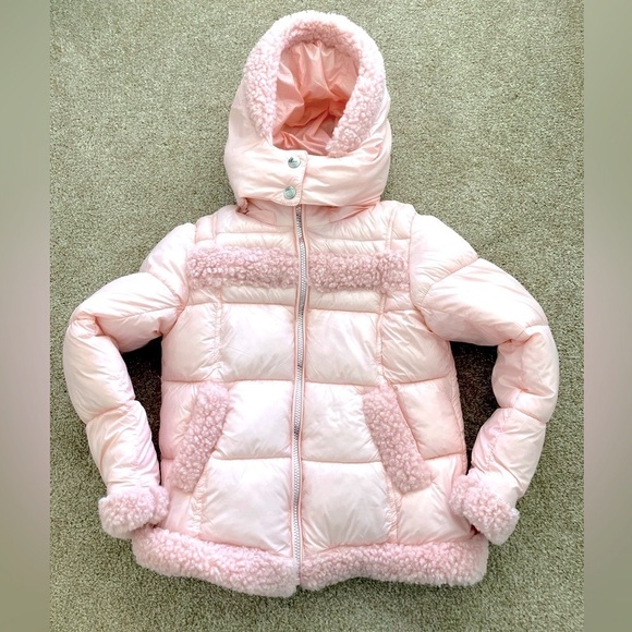 Sam Edelman Pink Sparkle Sherpa Trim Puffer Faux Fur Hooded Zip Coat M 10/12 NWT - Picture 1 of 9